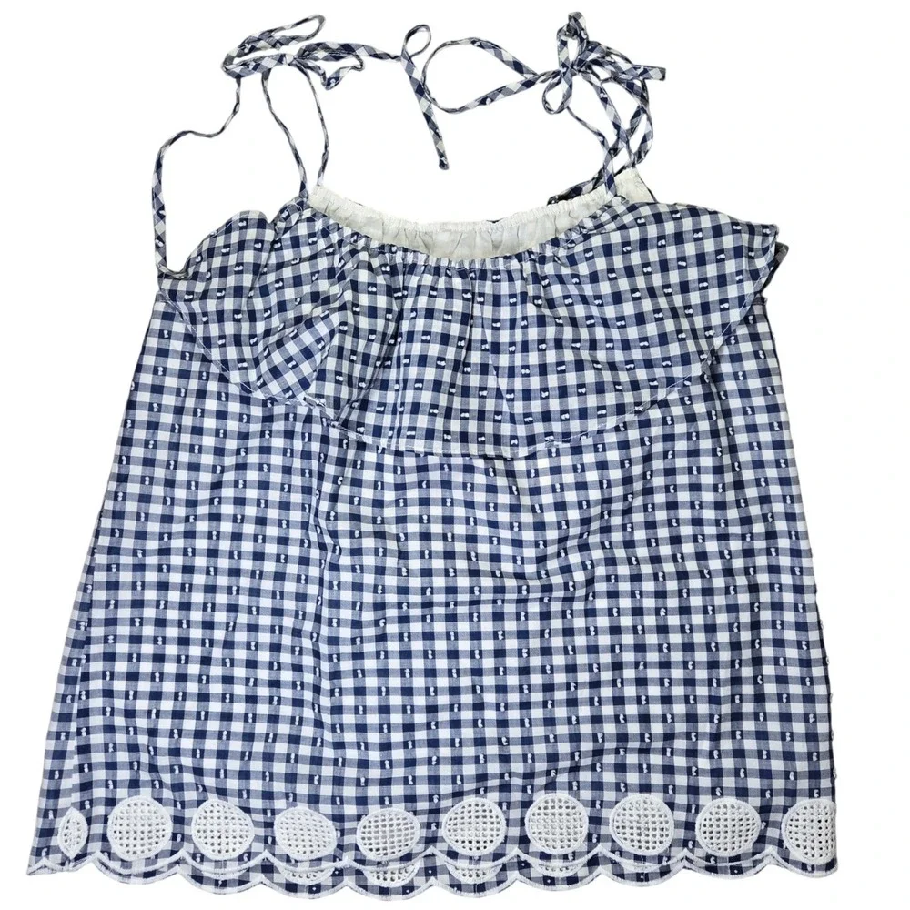 J. Crew Womens Blue Gingham Eyelet Scalloped Hem Tie Strap Ruffle Top G6577 Sz 2